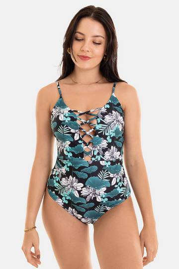 Bacon Bikinis One Piece Malibu One Piece // Green Floral